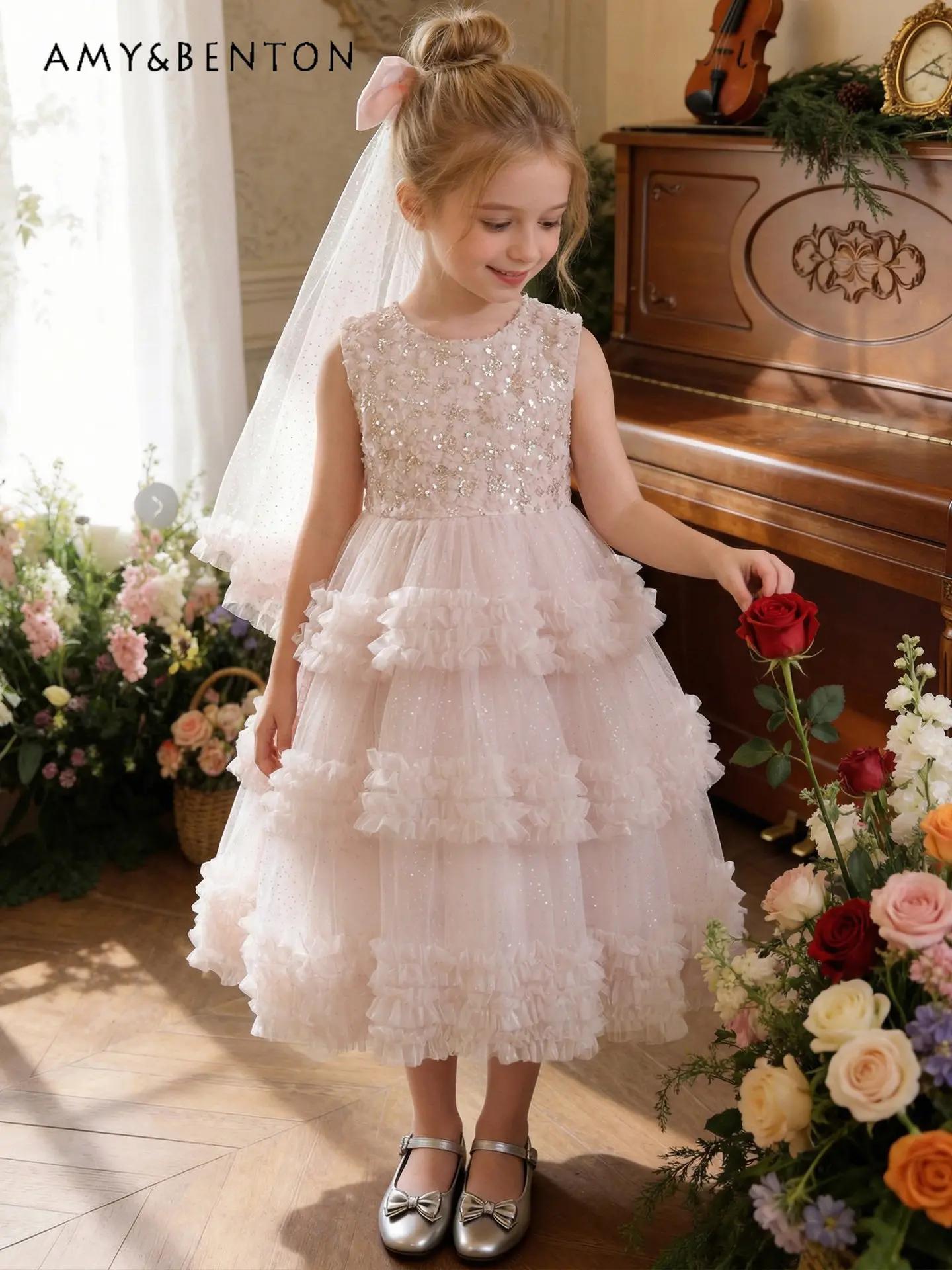 

Girls Summer New Luxury Heavy Sequin Mesh Sleeveless Princess Dress Childrens O-neck High Waist Ruffle Trim Birthday Party Gown