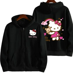 Moletom com zíper padrão Hello Kitty feminino, roupas de outono e inverno, moletom bonito, Kawaii, Sanrio Streetwear, novo, 2024