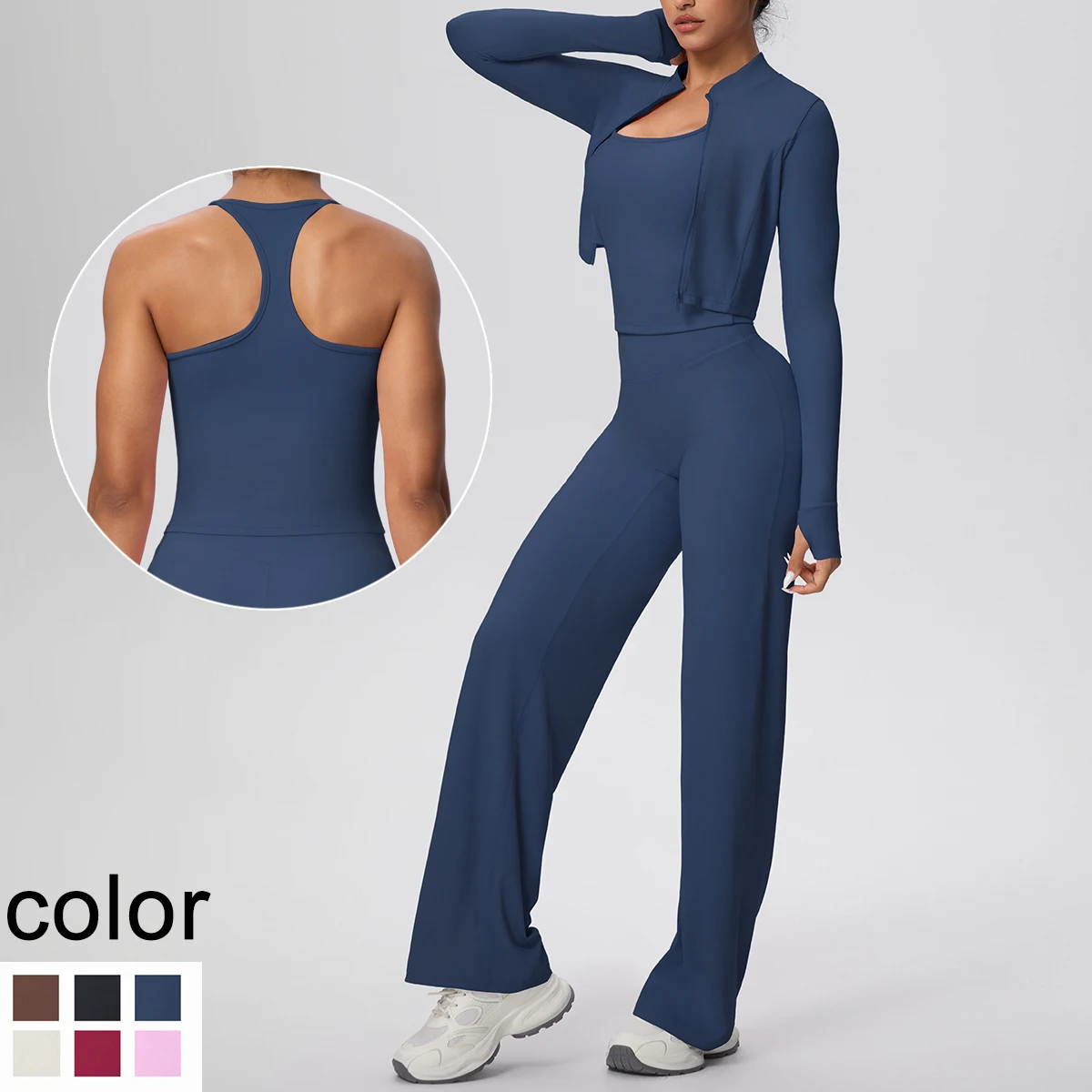 Woman Quick Sports Fitness Clothing Set Backless Solid Color I-shaped Vest With Chest Pad,Yoga Zipper Long Sleeves Pants