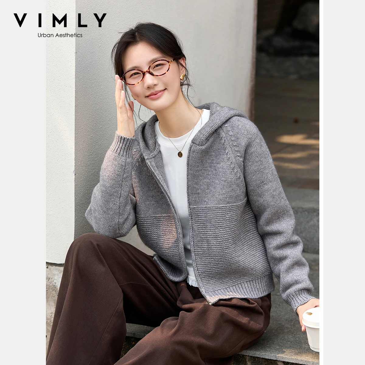 

VIMLY Winter Jacket for Women 2025 Casual Hooded Knitted Short Ladies Jackets Elegant Solid Zip Up Thick Long Sleeve Tops 75133