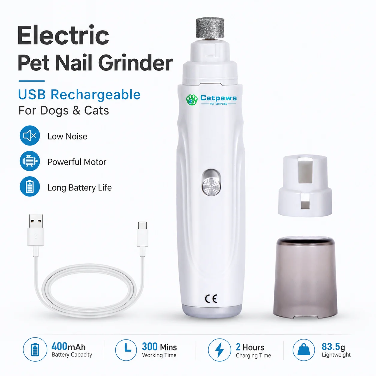 Lime à ongles électrique rechargeable USB pour animaux de compagnie, faible bruit, coupe-ongles pour chiens et chats, outil de toilettage des pattes, lime à ongles portable pour animaux de compagnie