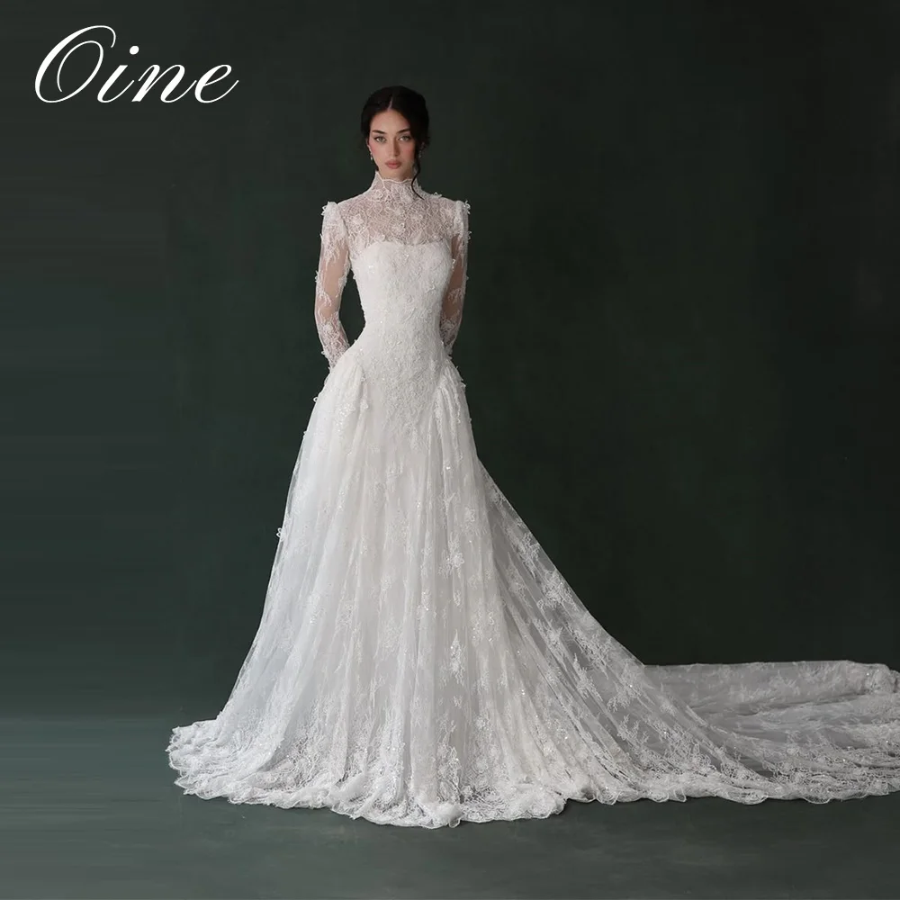 Oine 2026 Elegantes Hochgeschlossenes Spitzen-Brautkleid Anmutiges A-Linien Brautkleid mit Langen Ärmeln Applikationen Perlenstickerei Maßgeschneiderte Robe De Mariée