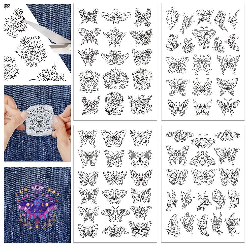 4 Blatt wasserlösliches Stabilisator-Stickmuster, klebriges Instant-Stickpapier, waschbares Schmetterlings- und Blumendesigns