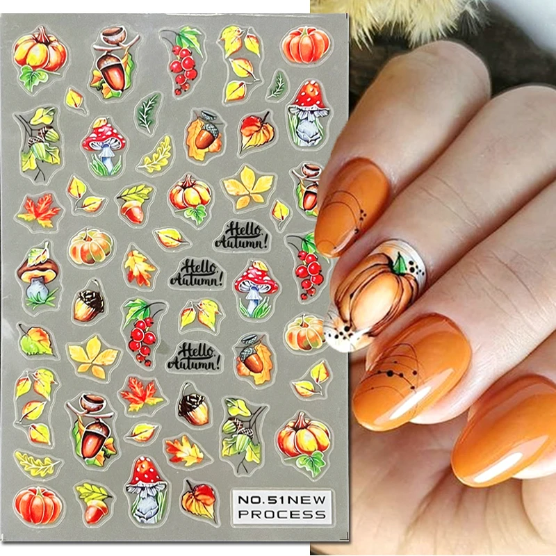 

3d Nail Art Ultrathin Stickers Halloween Autumn Pumpkin Pinecone Maple Leaves Decals For Nails Decoration Manicure Salon Beauty