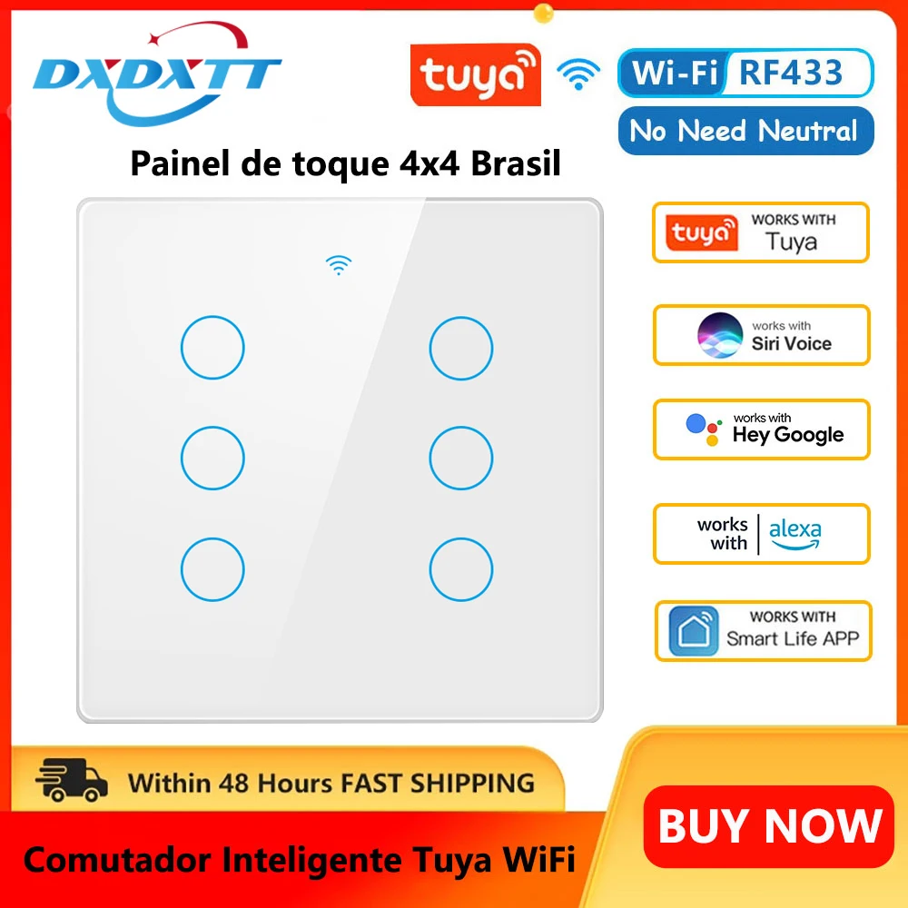 Tuya Wifi Smart Switch Brazil Standard 4*4 No Neutral Wire Touch-Sensor 4/6Gang Wall Switch RF433 Smart Life Alexa Google Home