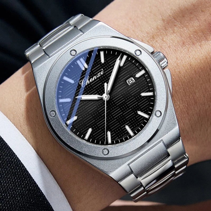 

Мужские серебряные кварцевые часы с ремешком из нержавеющей стали и календарем, водонепроницаемые, модные повседневные наручные часы