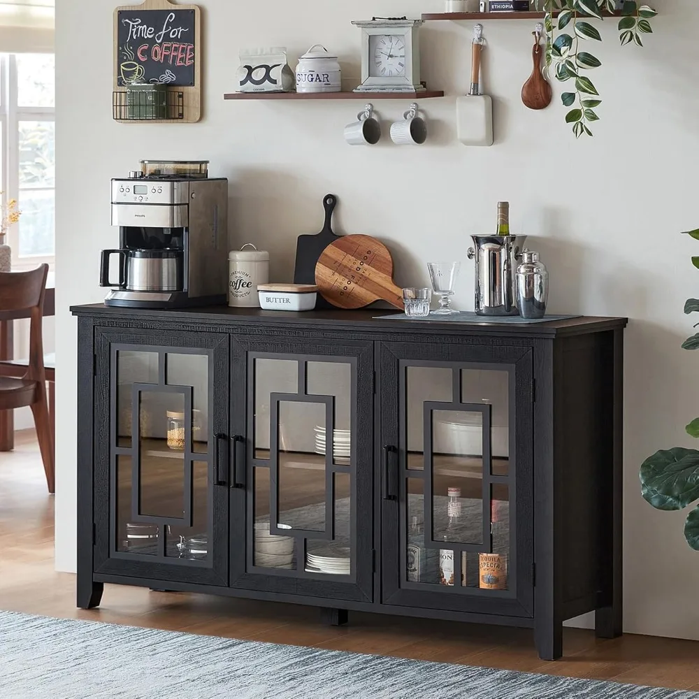 

Large Sideboard with Storage, 55 Inch Farmhouse Kitchen Coffee Bar Cabinet with 3 Glass Doors, Wood Mid Century Modern Sideboard