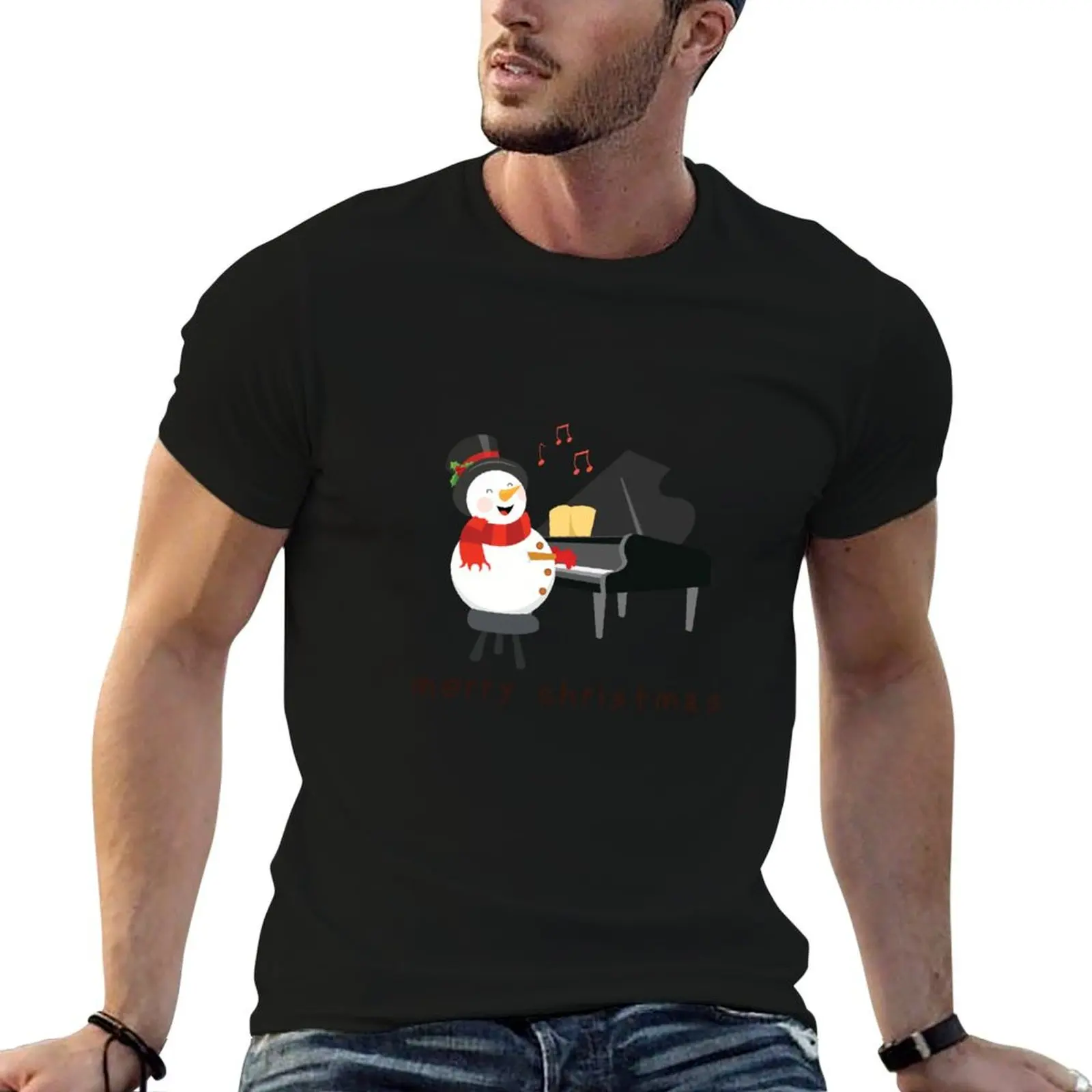 Piano Playing Snowman Music Christmas Gift T-Shirt man t shirts for men t shirt men 100% cotton luxury brand T-Shirt