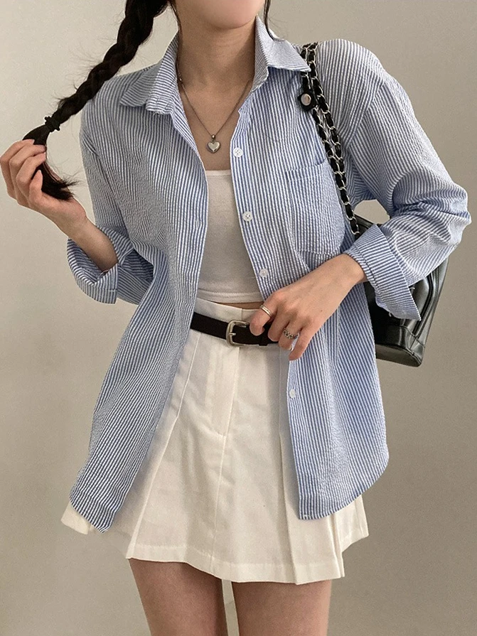 

Slimming Vertical Stripe ket irt Women's Chic Collar Loose Fit Single Button Candy Color Anti-Aging Top