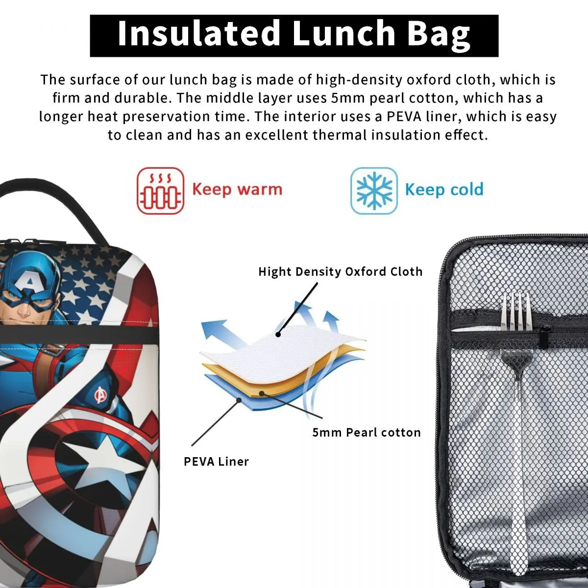 Sac à lunch isotherme services.com America, portable, réutilisable, sac thermique, fourre-tout, boîte à lunch, bureau, pique-nique, fille, garçon