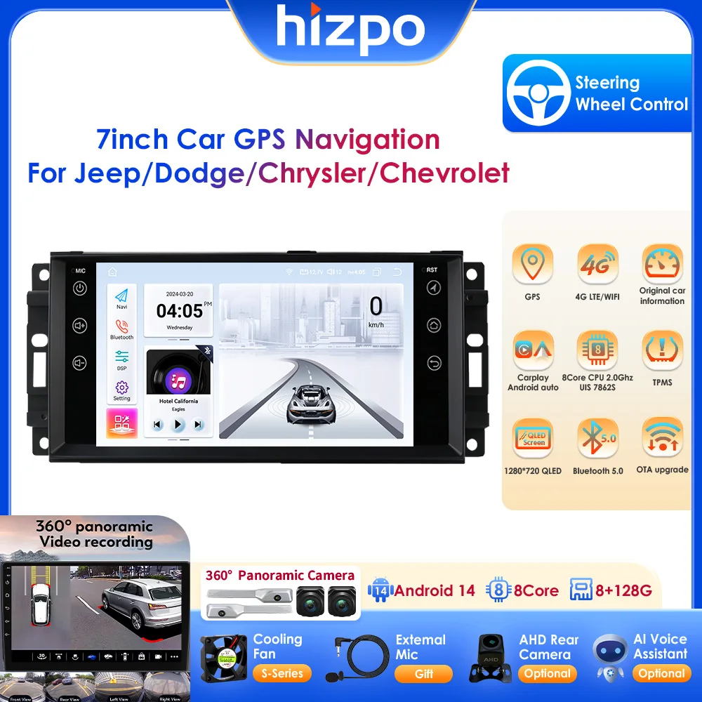 Radio para Auto con CarPlay para Jeep Grand Cherokee, Wrangler, Compass, Dodge RAM, Chrysler, GPS, Pantalla Multimedia Android, WIFI, Auto 2DIN, Navegador