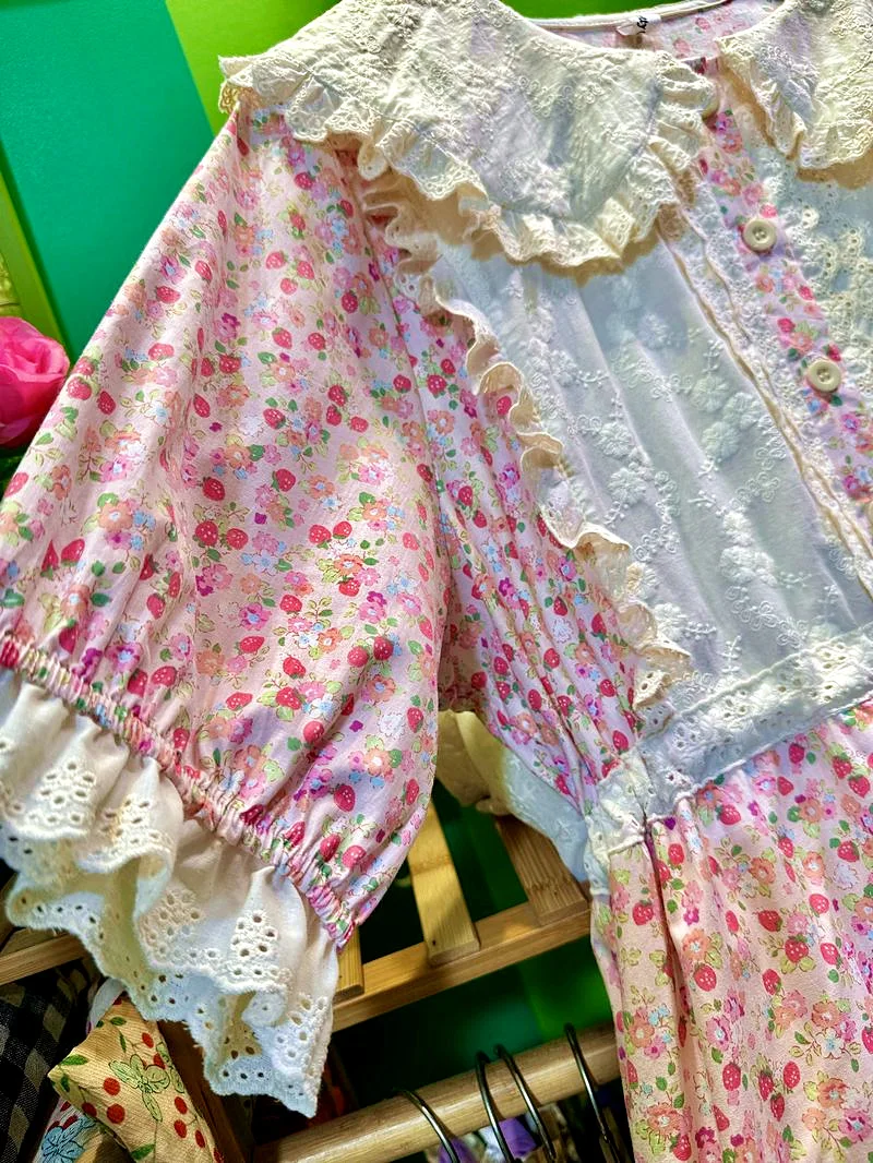 Cotton Lace Patchwork Victorian Rococo Sweet Midi Dress for Women Vintage Retro Chic Summer Lolita Mori Girl Evening Long Dress