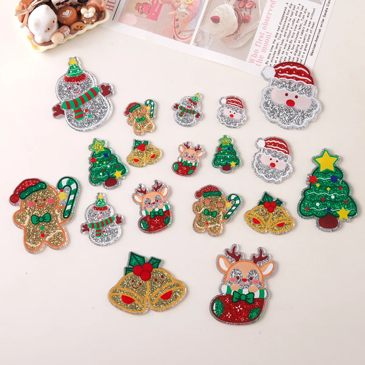 10pcs Cartoon print Christmas series acrylic sequin Accessories accessories diy handmade Hairpin phone case decoration keychain