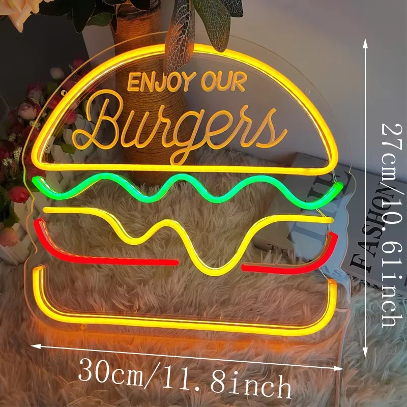 Hamburger Pizza Fries Neon Light For Business Shop Restaurant Eating House Wall Led Sign Fast Food Shop Cinema  Party Decoration