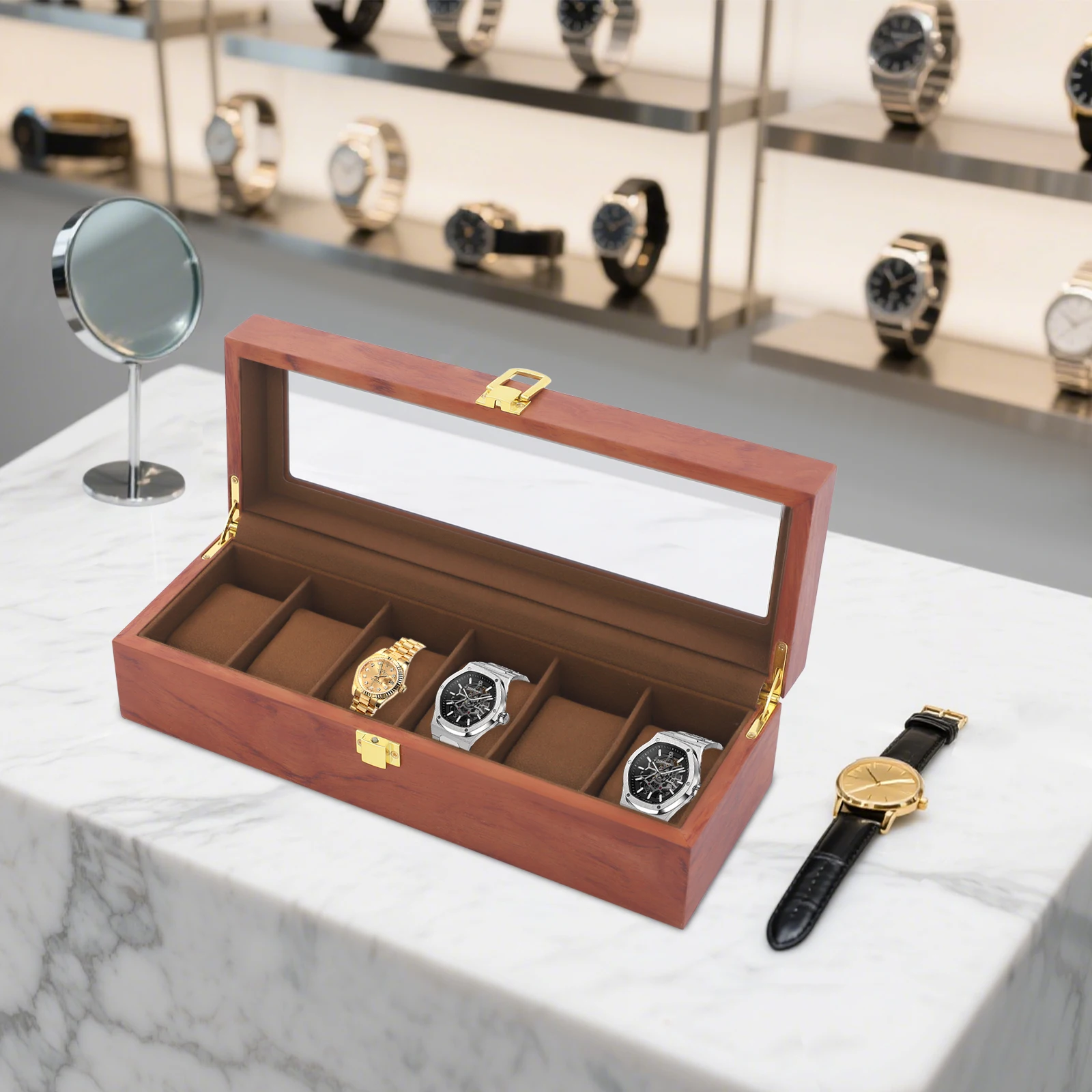 

Настольная шкатулка для часов с прозрачной крышкой, мягкой бархатной подкладкой, 6 отделениями, для хранения браслетов, запонок, серег