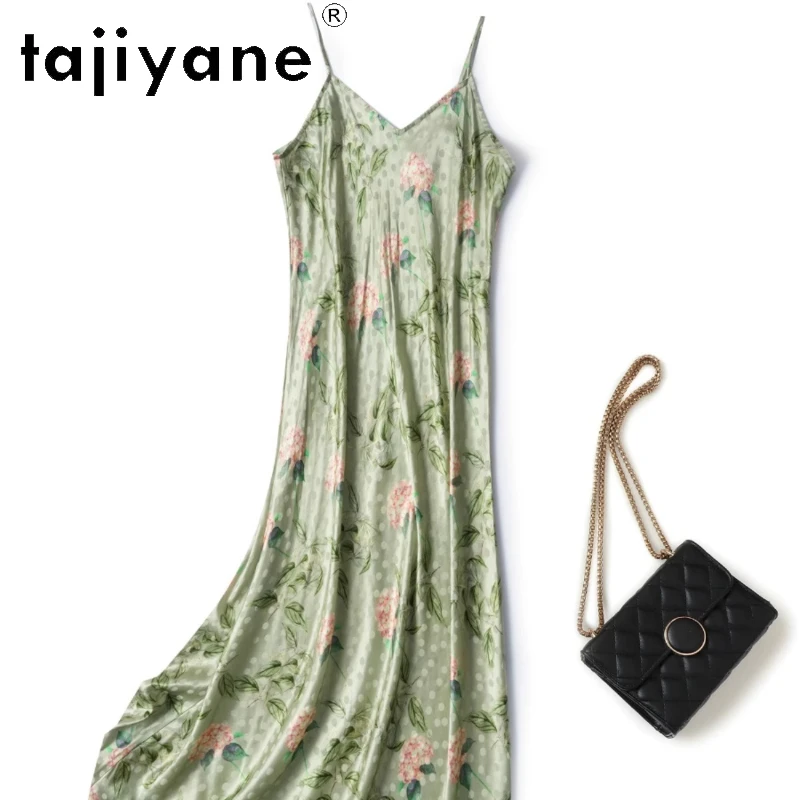 

Tajiyane Mulberry Silk 93% Spandex 7% Luxury Countryside Jacquard Elastic Slimming V-neck Adjustable Suspender Printed Dress