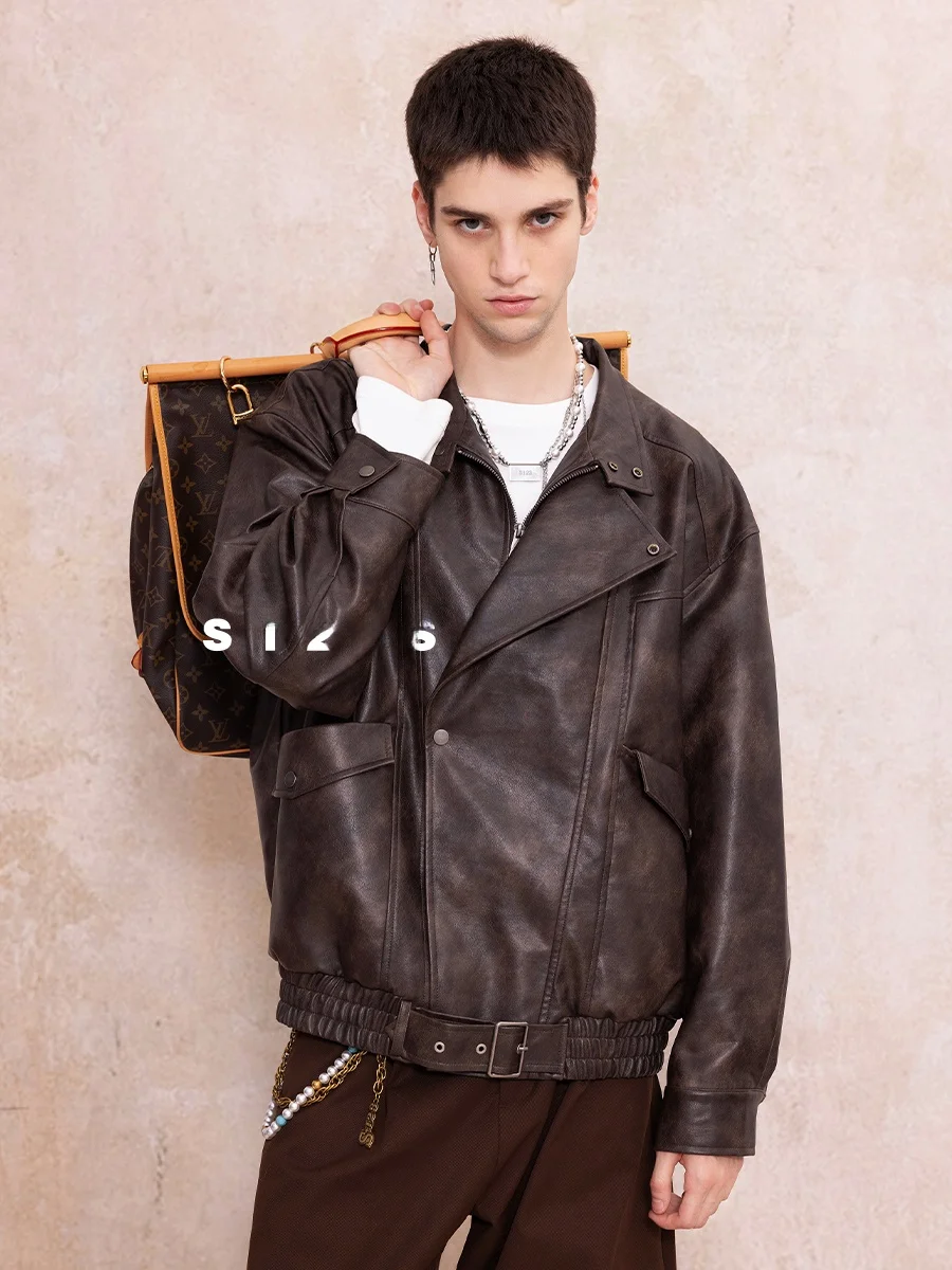 

S23 Американский ретро Cleanfit Tie Dye Кожаный джет Мужской винтажный мотоциклетный свободный повседневный верхняя одежда Топ из полиэфирного волокна