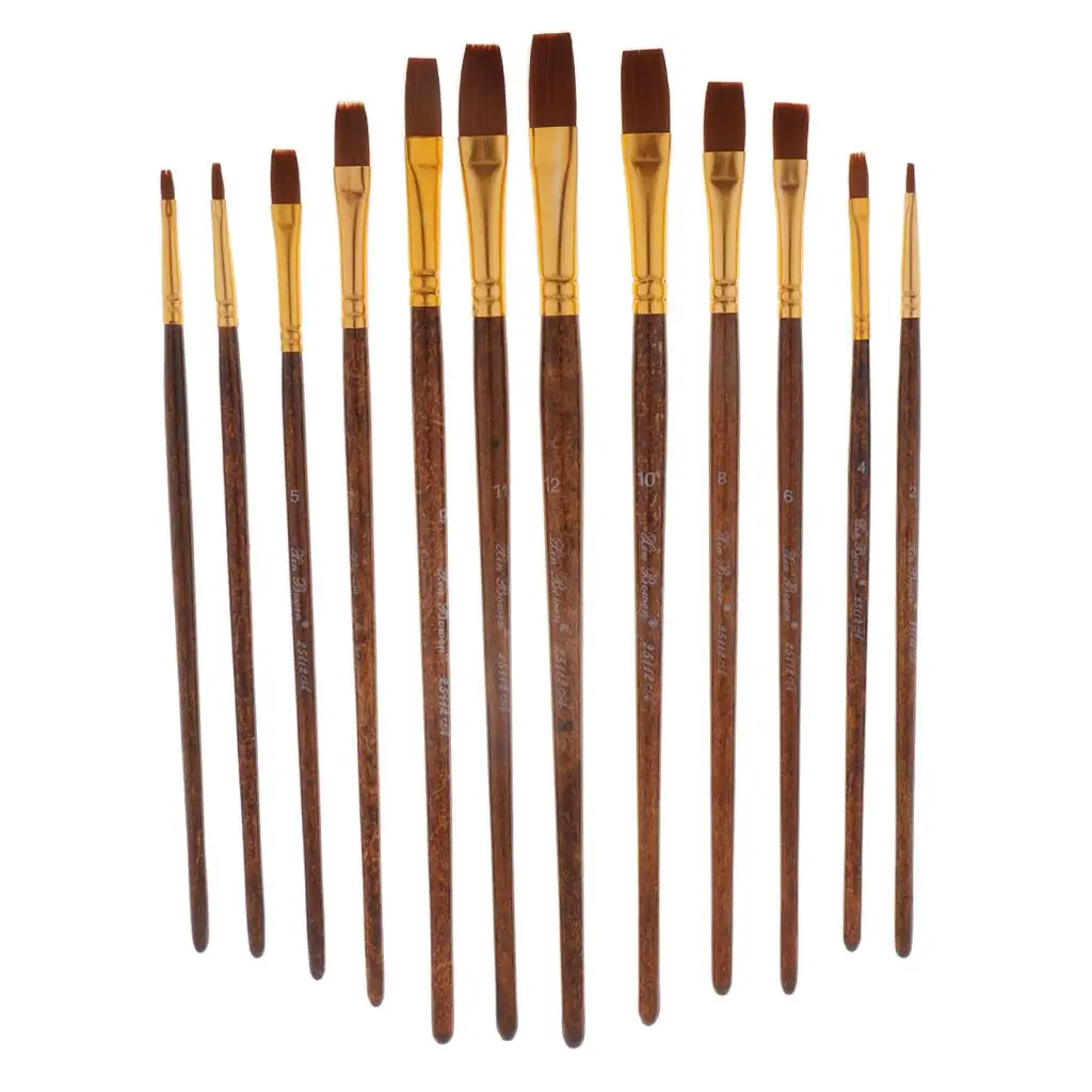 Ensemble de pinceaux avec manche en bois, pinceaux à cheveux en nylon pour peinture à l'huile acrylique, kits de peinture d'artiste professionnel, 12 paquets