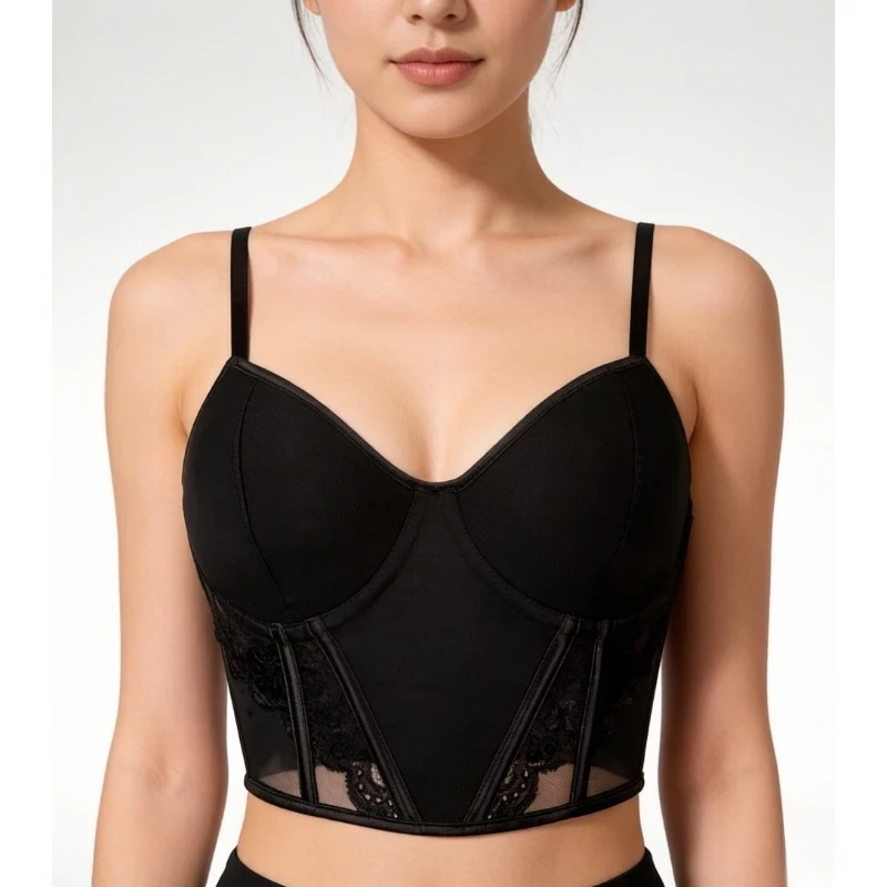 

Black Lace Mesh Corset Crop Top with Thin Straps Bustier for Women Party Clubwear