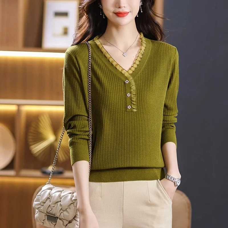 

Fashionable Thin V Neck Lace Knitted Sweater Women Oversize Stylish Pullover