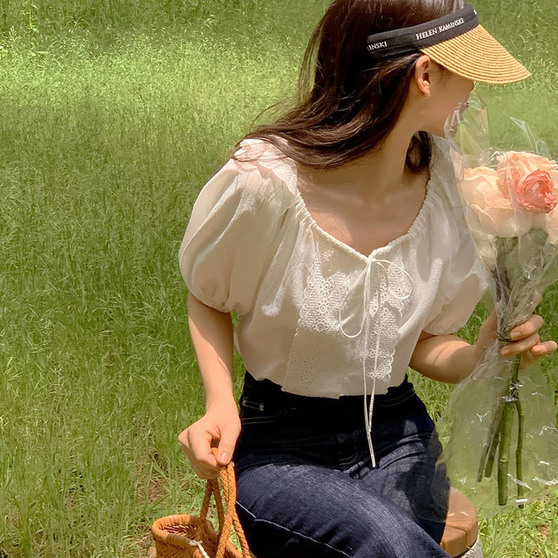 Chic à volants Patchwork col carré nœud papillon bulle Sve haut femmes ample blanc ort Sve irt été coréen Sle trajet