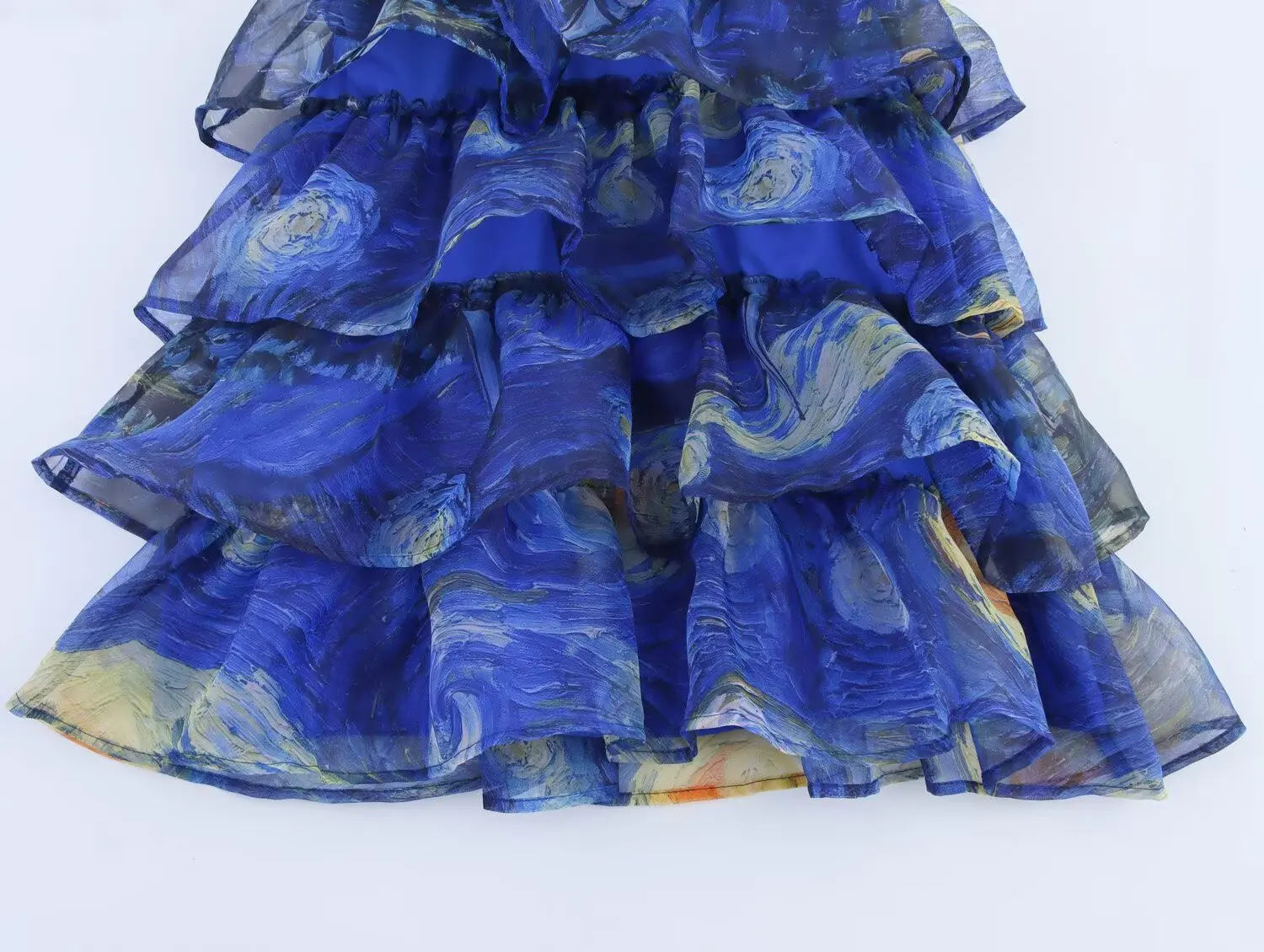 2025 estilo de férias verão vestido curto feminino retro manga longa com decote em v céu estrelado impressão organza vestido em camadas