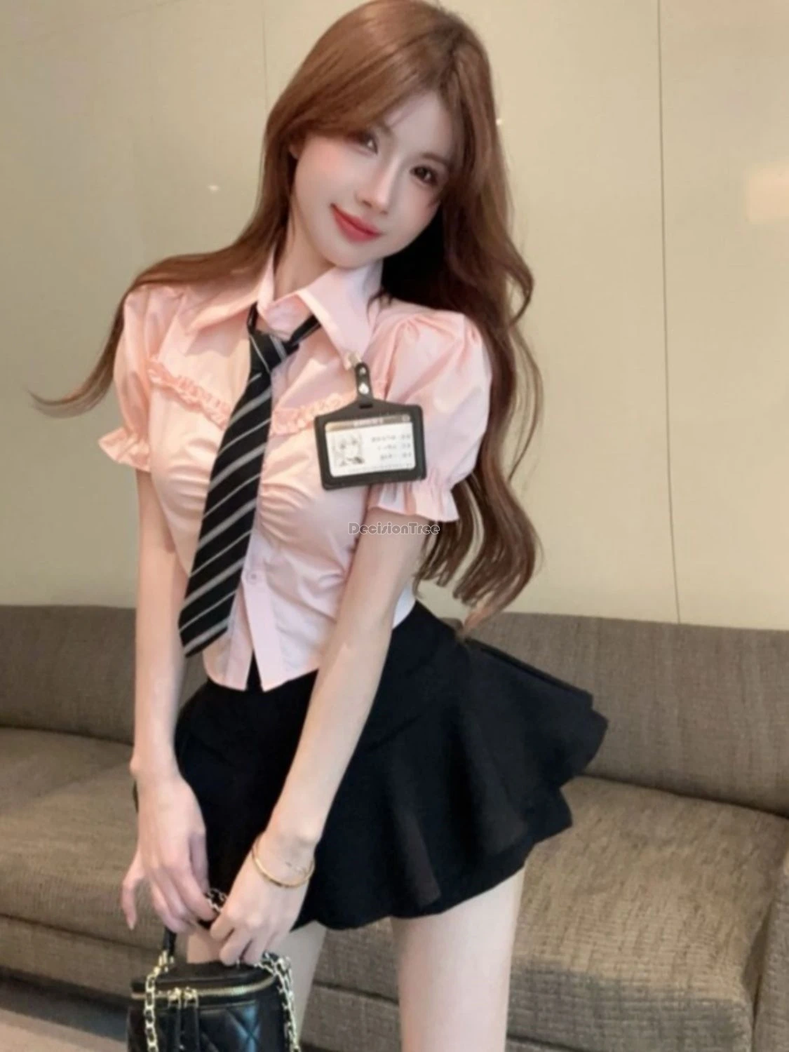 2025, koreanisches rosa Hemd mit Puffärmeln im japanischen Stil, kurzes Oberteil mit geraffter Taille, hoch taillierter Puffrock, JK-Set im Schuluniform-Stil