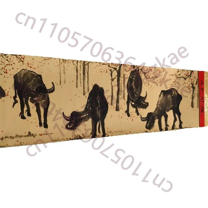 Cuadro de Li Keran, Cinco Toros que Acolman la Primavera, Colección Tradicional China, Pintura en Rollo Largo, Obra de Arte para Decoración del Hogar
