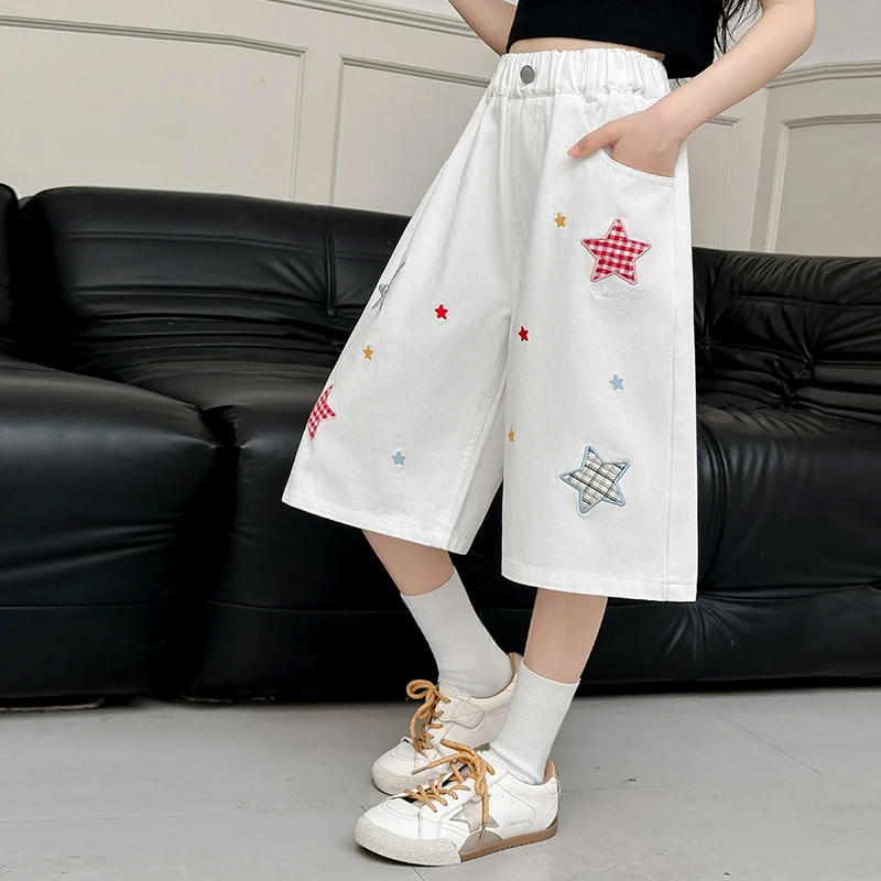 Kids Child Summer Retro Blue Denim Shorts with Stars for Tweens Girl Hip Hop Pocket High Waist Slim Knee Length Capris Jeans