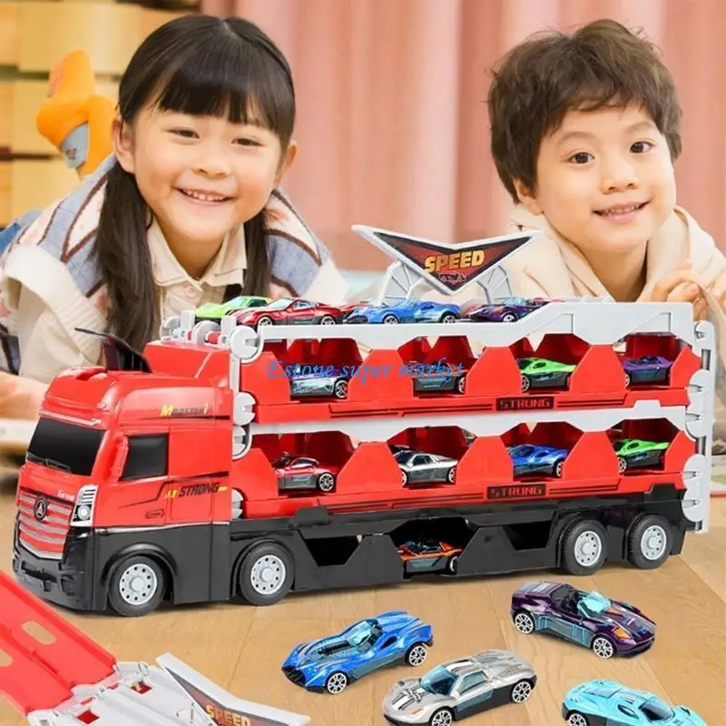 

090B Car Carriers Truck and Car Toy Set with 1 Truck, 16/24 Alloy Car Toddler Toy for 3+ Years Old Gift for Boys Girls