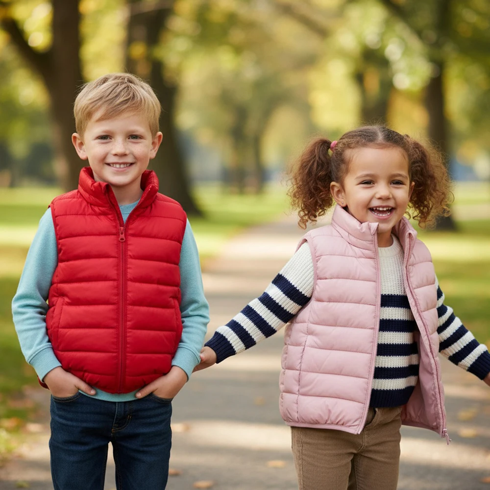 

Kids Solid High-Neck Puffer Vest, Polyester Fiber Fill, Lightweight Warm Sleeveless Waistcoats, Unisex Boys Girls 3-10 Years
