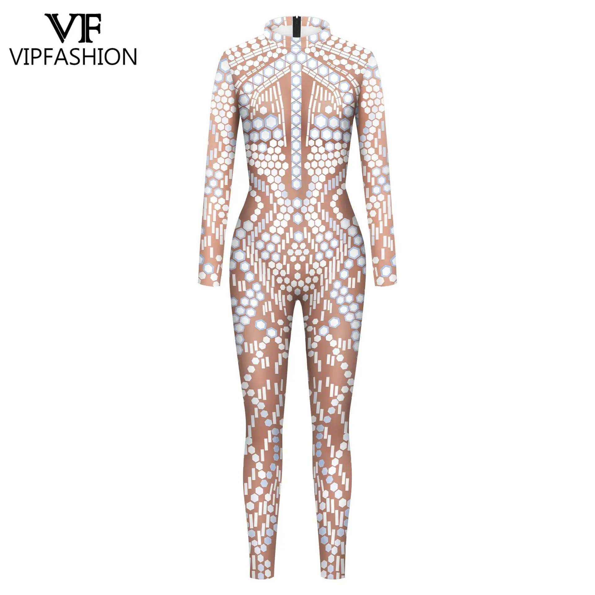 VIP FASHION Sequin Pattern Jumpsuits Women Cosplay Costume Adult Zentai Fitness Bodysuits Long Sleeve Back Zipper Party Outfit