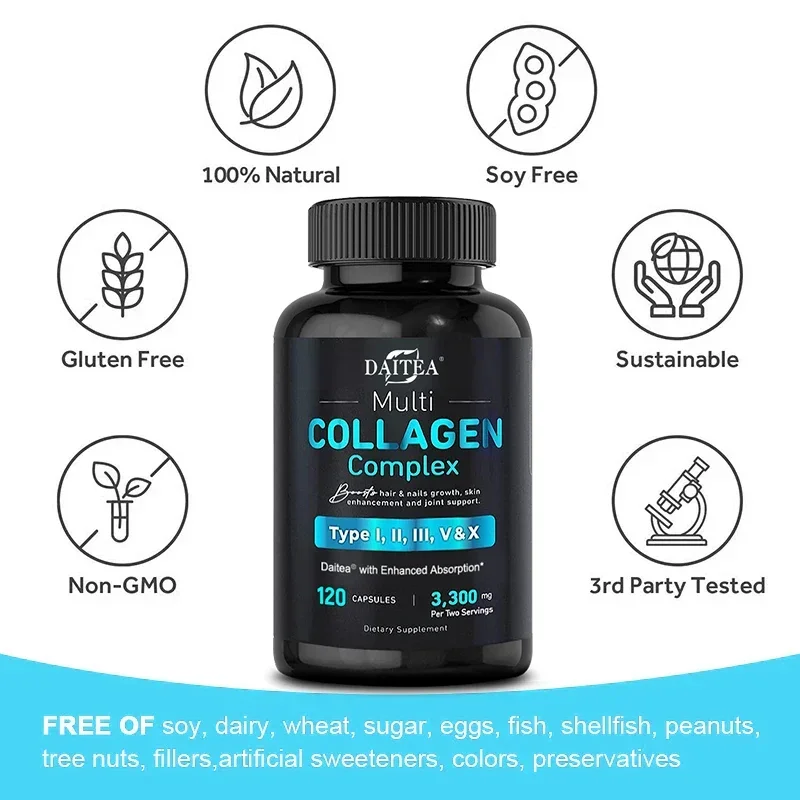 Vital Vitamin Complex Collagen - Types I, II, III, V, X, Grass Fed, Non-GMO, for Hair, Skin, and Nail Health 30/60/120 Capsules