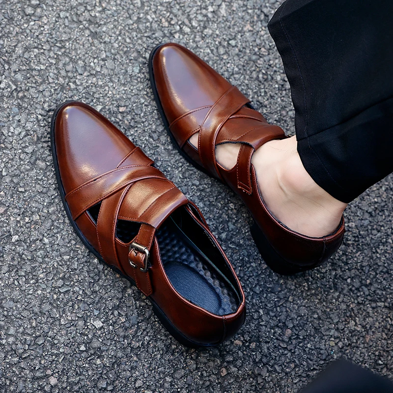 Fashionable Men Pointed Sandals Black Brown Hollowed Out Breathable High-heeled Toe Cap Height Increasing Sandals Sizes 39-46