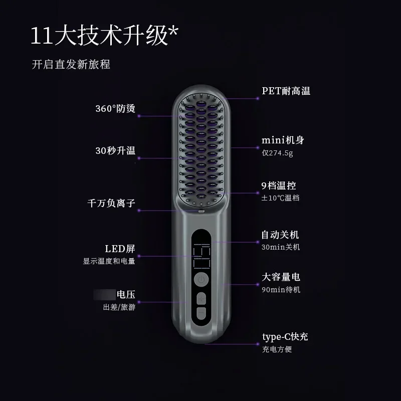 USB/110V/220V Lowrarouge Wireless Straight Hair Comb Negative Ion Non Harmful Hair Styling Comb Portable Straight Roll Dual Use