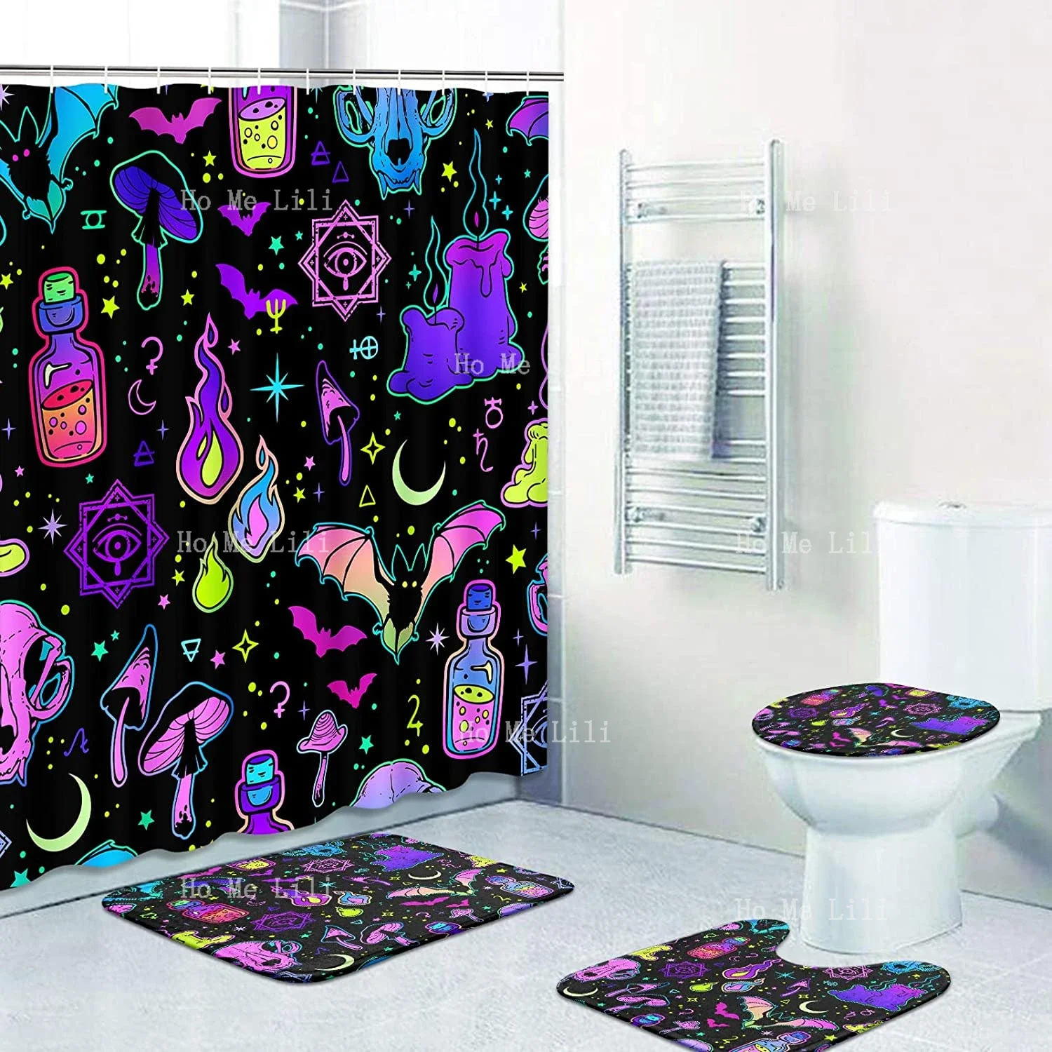 4 Pcs Shower Curtain Set Magic Witch Witchcraft Esoteric Black Mystic Non-Slip Rugs Toilet Lid Cover And Bath Mat Bathroom Decor