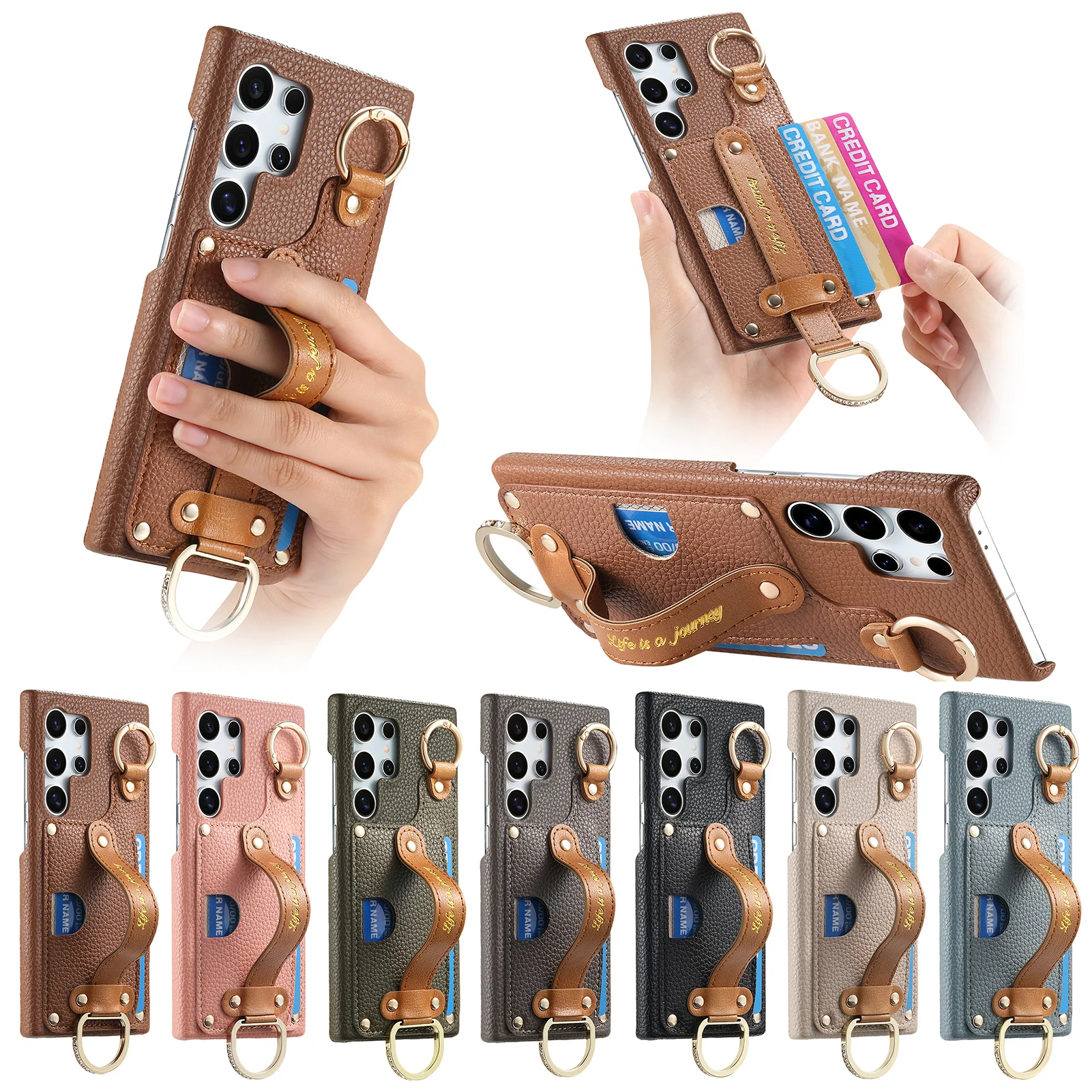 Wristband Cards Solt Ring Holder Leather Wallet Case For Samsung Galaxy S24 Ultra S23 Plus S22 A55 A15 A35 A25 A54 Stand Cover