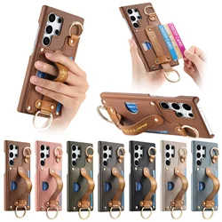 Wristband Cards Solt Ring Holder Leather Wallet Case For Samsung Galaxy S24 Ultra S23 Plus S22 A55 A15 A35 A25 A54 Stand Cover