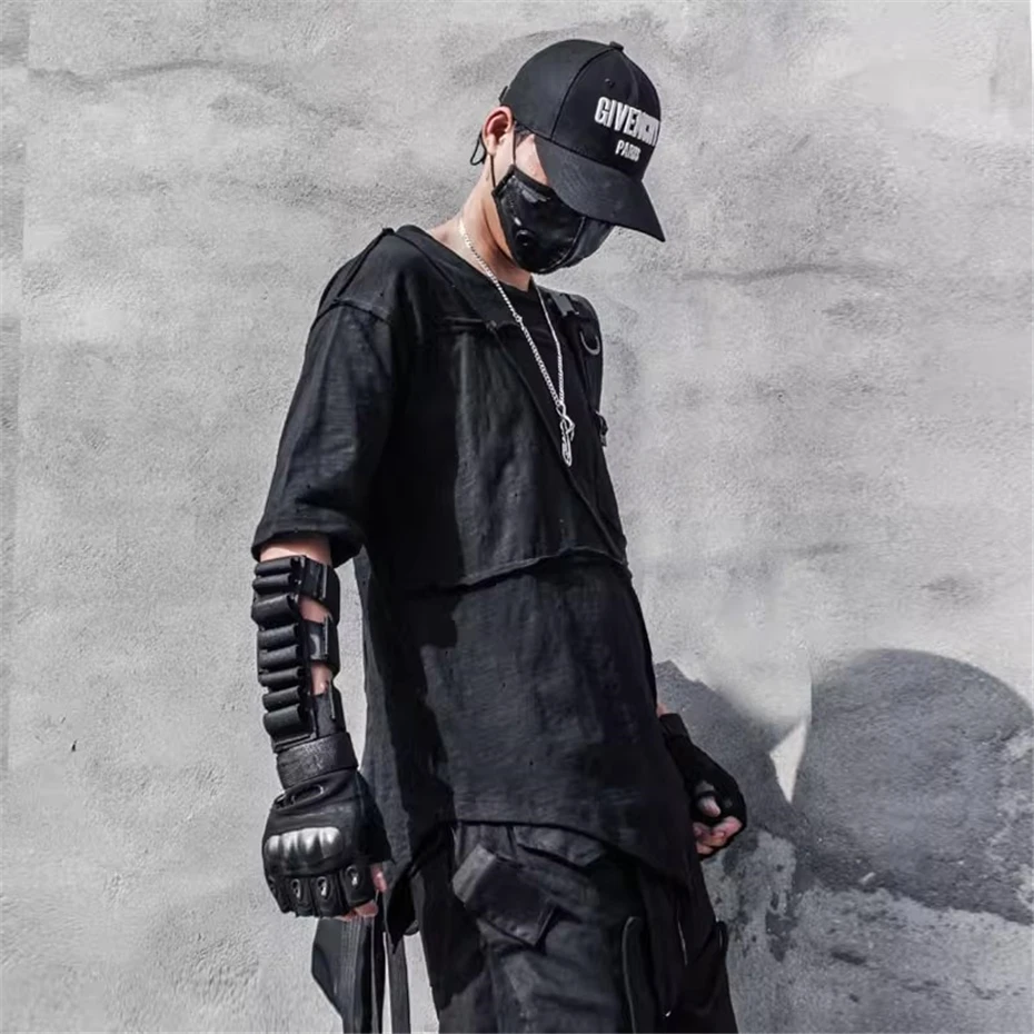 Tactical Mens Ripped Hole Tees Tops Streetwear Hip Hop Short Sleeve T-Shirt Harajuku Irregular Splicing Thin Casual TShirt Male