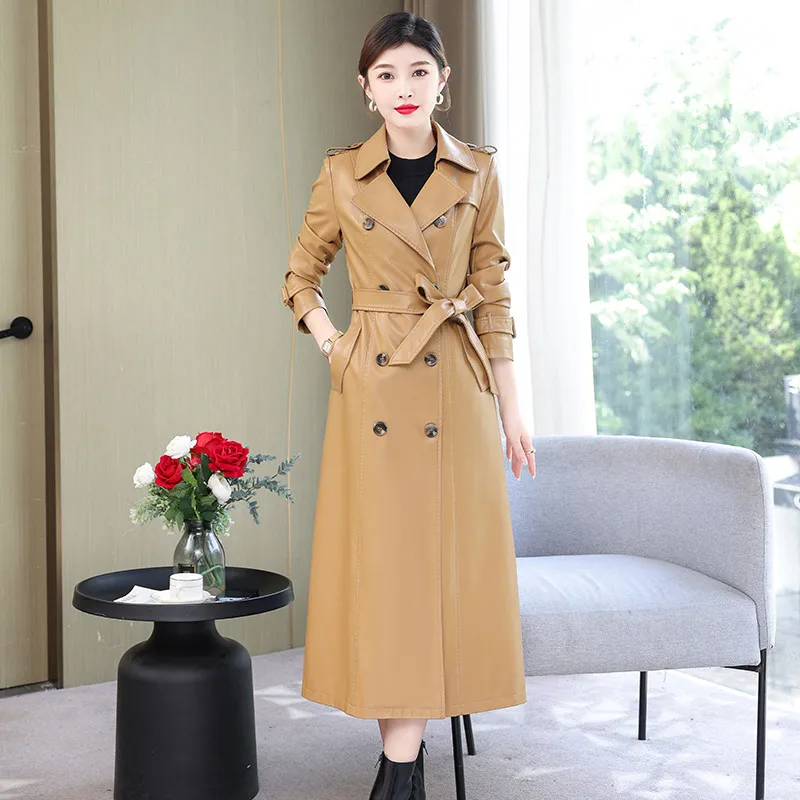 

M-7XL Lengthened Women Leather Coat Spring Autumn New Fashion Lacing Slim Jacket Sheepskin Overcoat Long Trench Outerwear Female