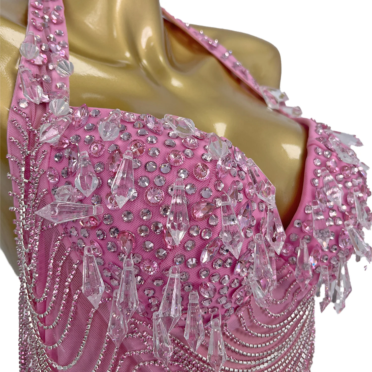 Luxuriöses rosa Strass-Kettenkleid, sexy rückenfreies kurzes Kleid für Frauen, Geburtstag, Abend, Abschlussball, Feiern, Kleid Xingzhi