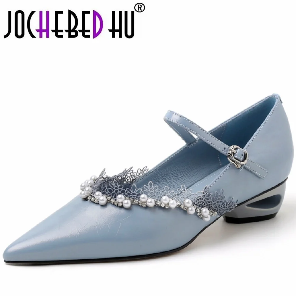 

【JOCHEBED HU】Женские туфли ручной работы из натуральной кожи с острым носком, на необычном среднем каблуке, с ремешком и пряжкой, в стиле Мэри Джейн, размеры 33-40