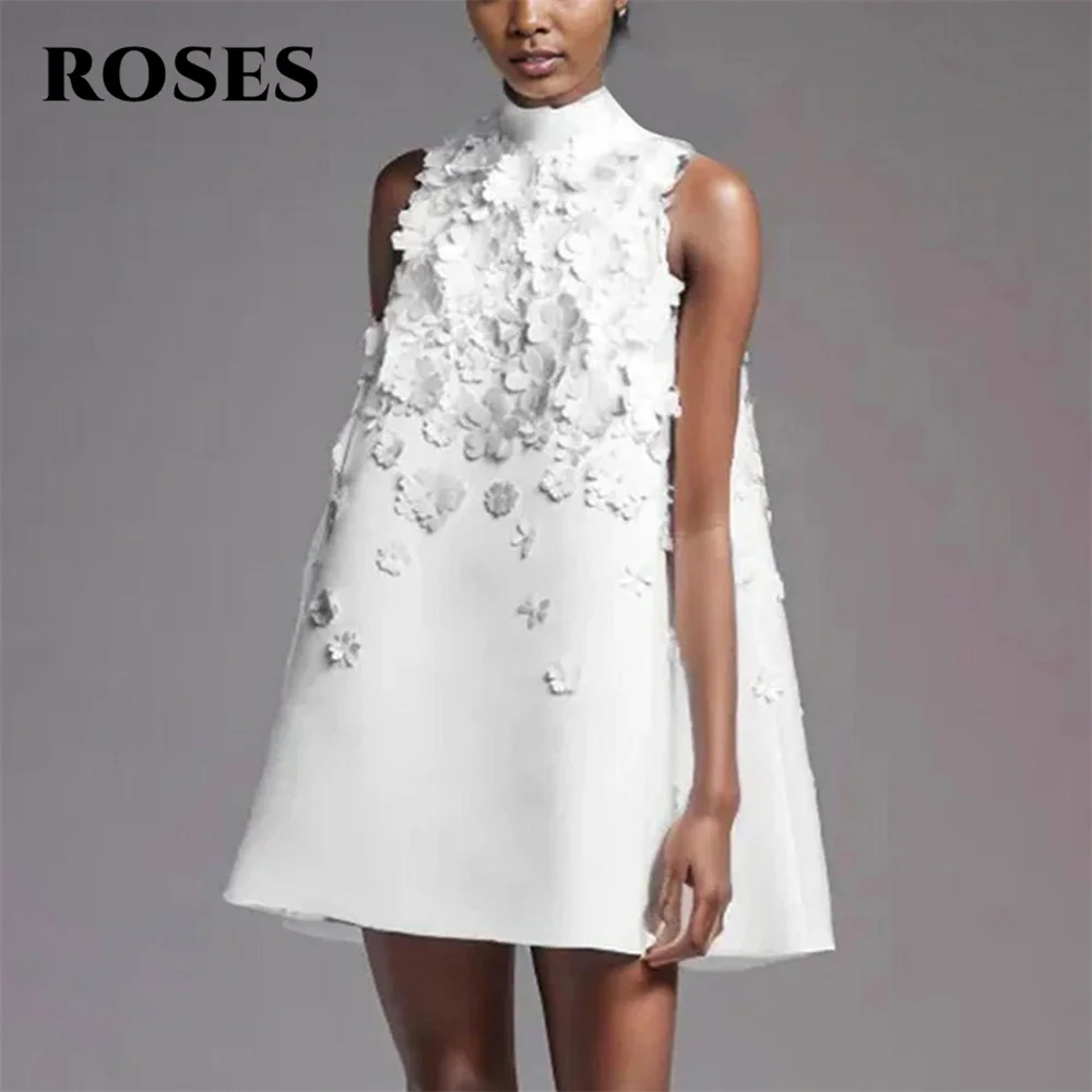 

ROSES White Stain Short Party Dresses A-line Night Dress Sleeveless Short Celebrity Dresses with 3D Flowers for Woman Customized