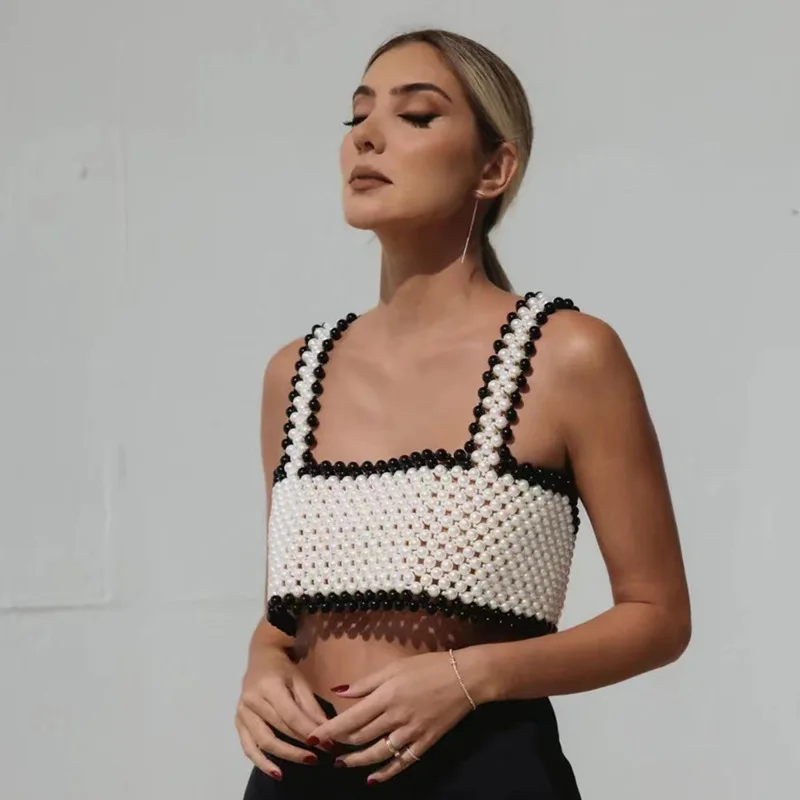 

Sexy Open Back Hanging Neck Handwoven Pearl Vest Chest Chain Female Body Chain