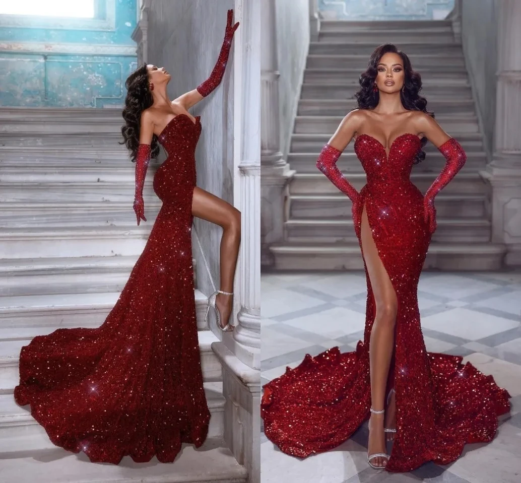 Sparkle Red Sequined Evening Dresses Sexy High Thigh Split Women Occasion Party Gowns Off Shoulder Backless Sweetheart Vestidos