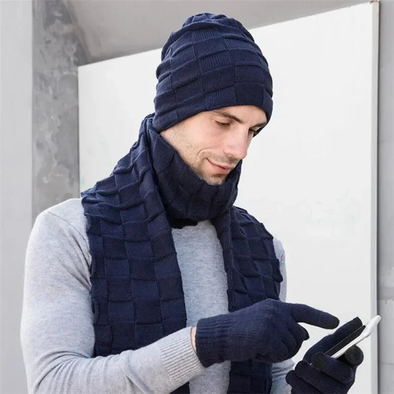 Men Knitted Long Scarf Hat Gloves 3 Piece Set Man 2019 Winter Warm Plush Protection Ear Cap Scarves And Touchscreen Gloves