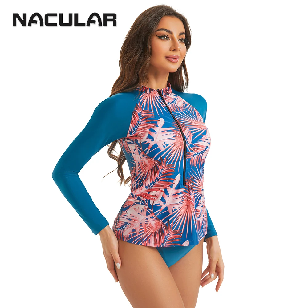 NACULAR 2024 Print Long Sleeve Swimsuits Tankini Set Female Swimwear Zipper Beach Two-Piece Bathing Suits Women Swimming Suit