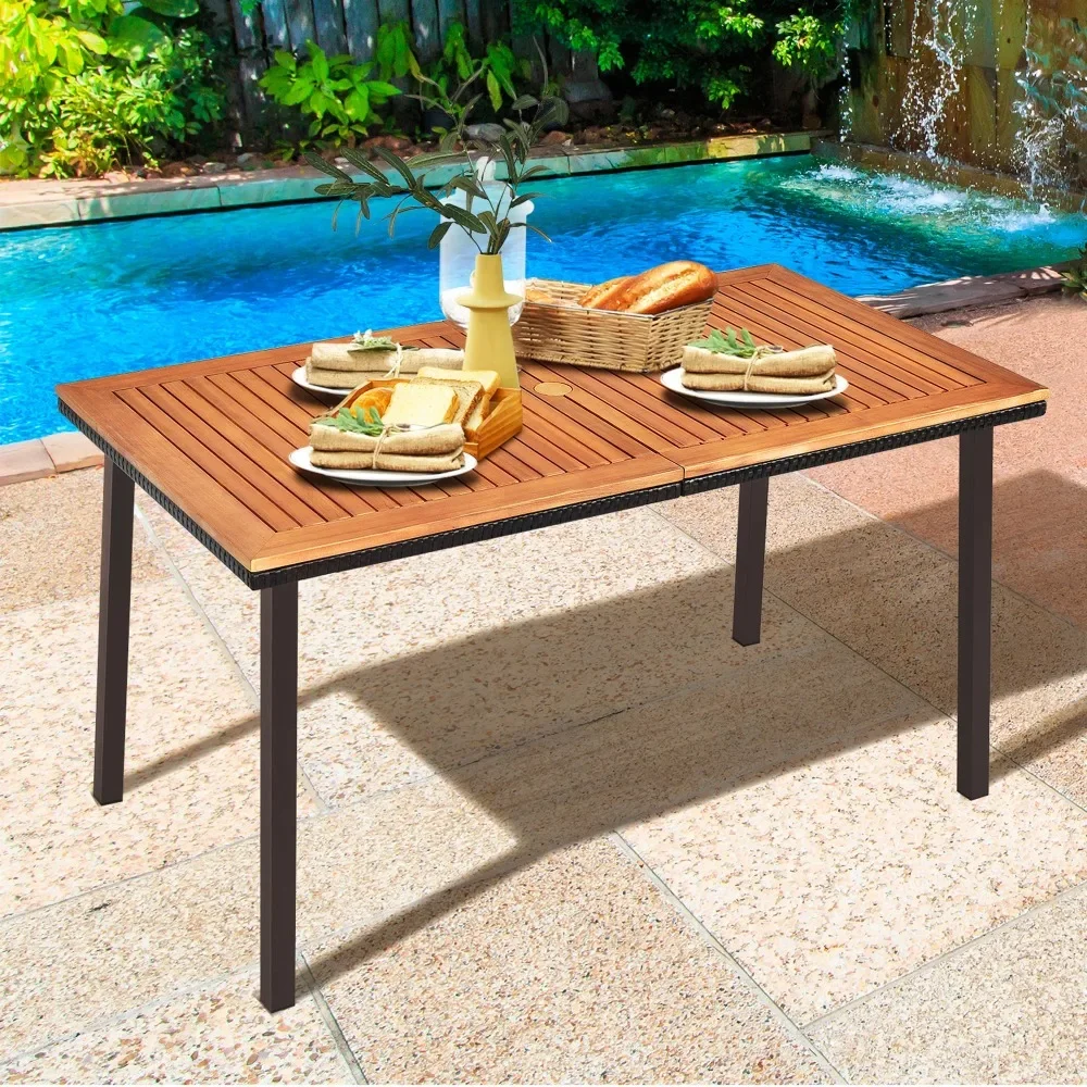 

Outdoor Table, Rectangle Patio Outdoor Dining Table Acacia Wood Tabletop W/ 2'' Umbrella Braced By A Powder-coated Steel Frame,