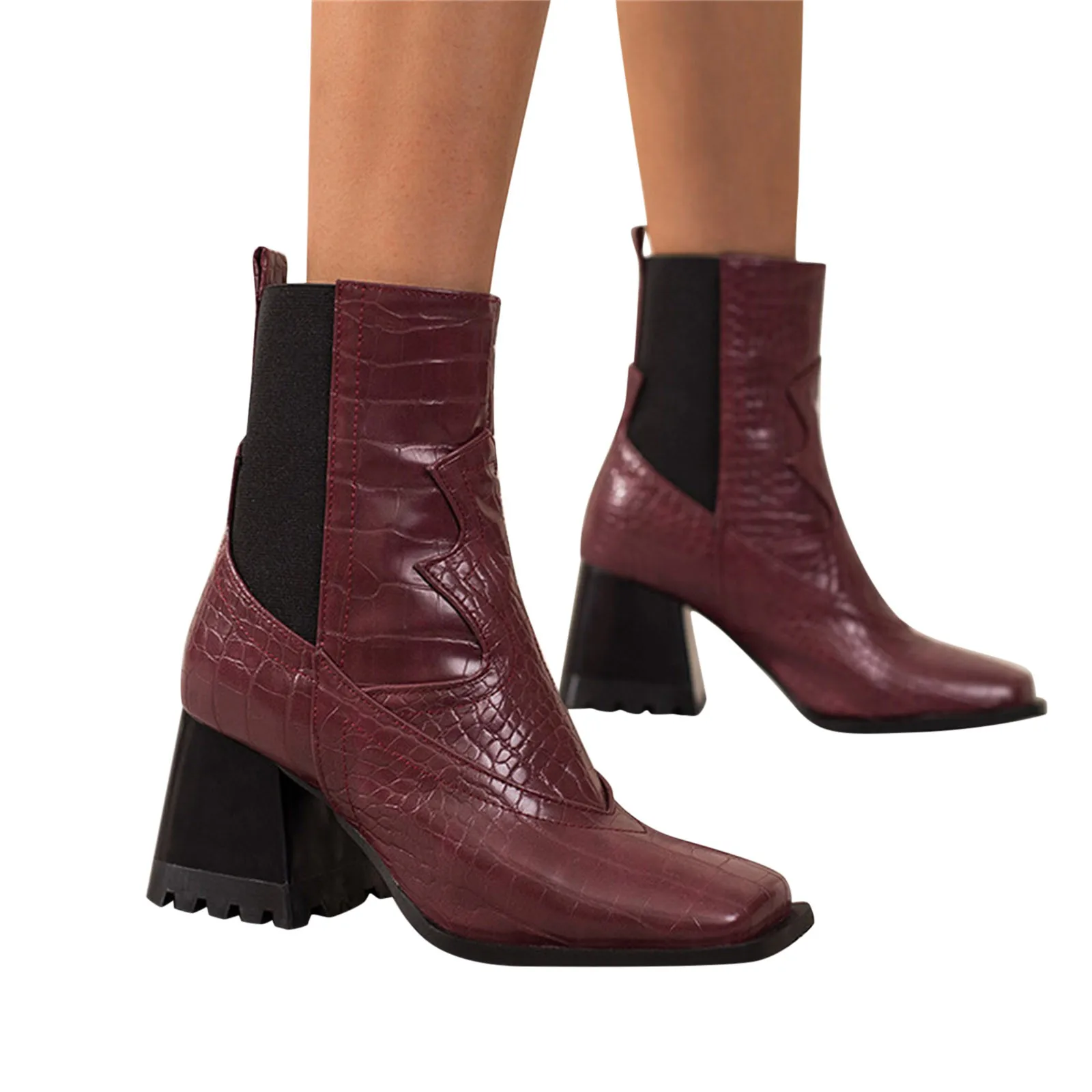 Women's Fashion Colorblock Leather Face Square Toe Chunky High Heel Elastic Mid Boots