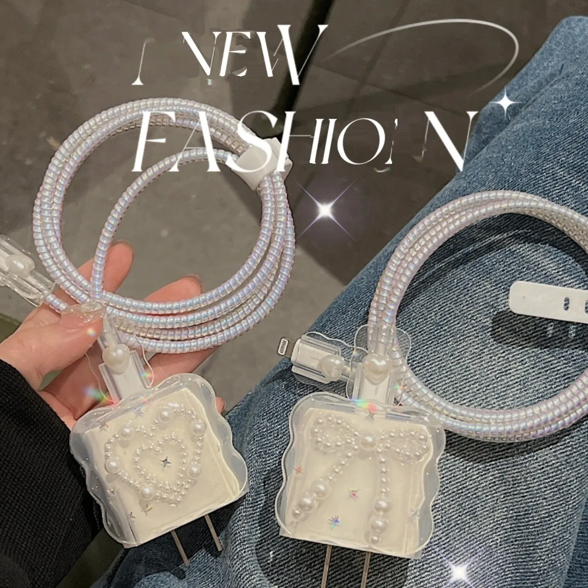 Cute 3D Pearl Bowknot Love Epoxy Wave Border USB Protector Cover for iPhone 18/20W Data Line Head Cord Fast Charging Case